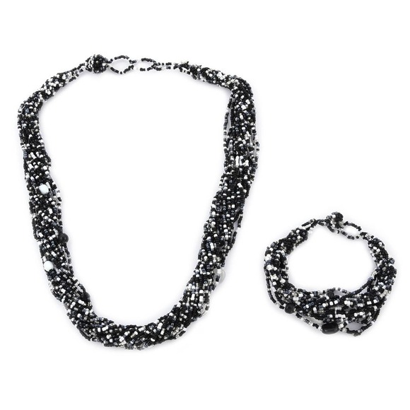 Glass Seed Bead Necklace Bracelet Black and White 26 Inches Versatile - Picture 1 of 6